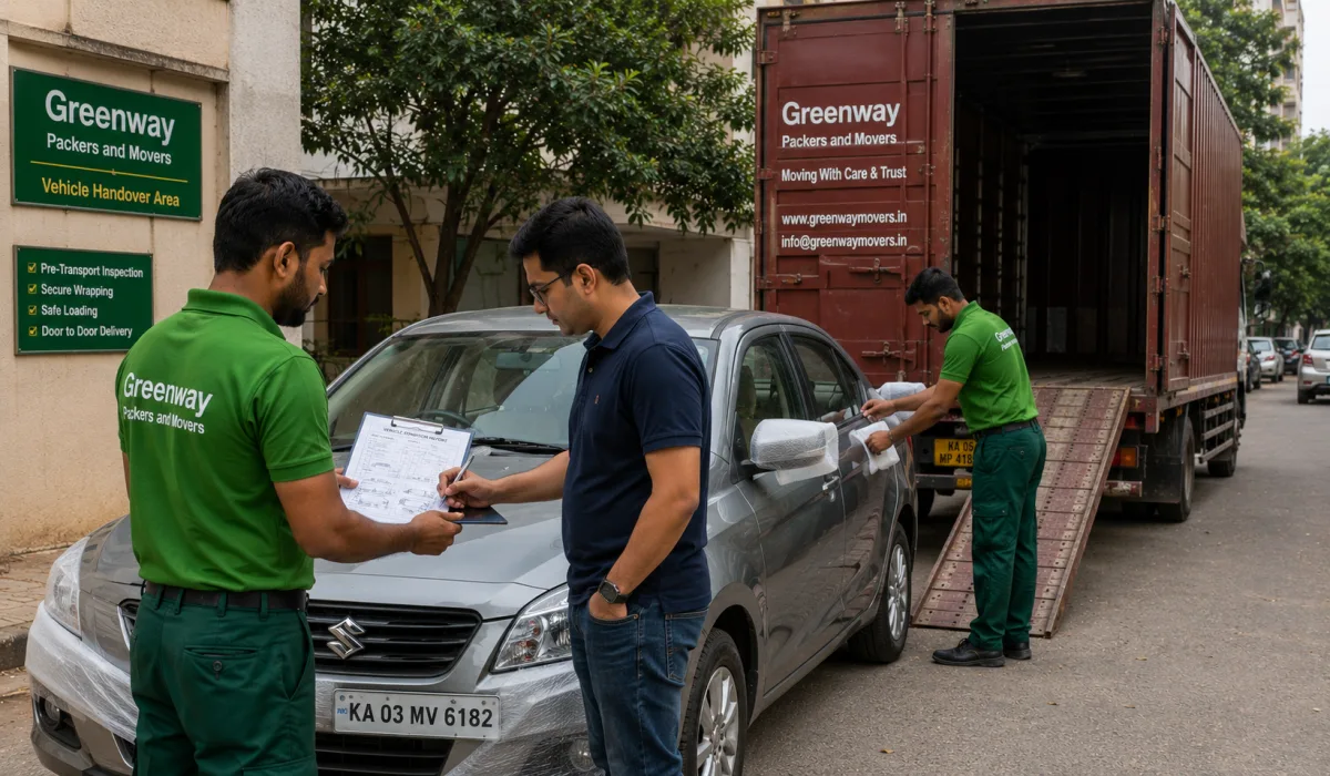 Car being secured inside an enclosed Greenway carrier for safe transport across India