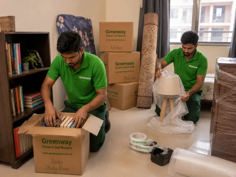 Greenway movers wrapping household furniture with protective blankets during a home relocation