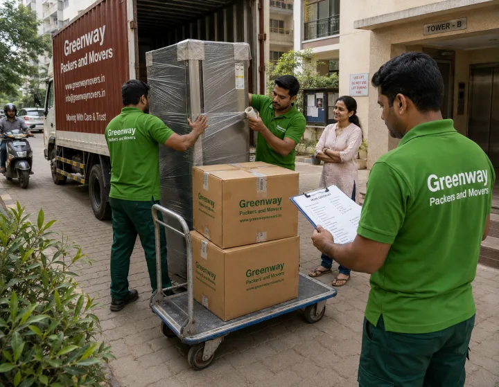 Greenway movers securing household goods for a Mumbai move