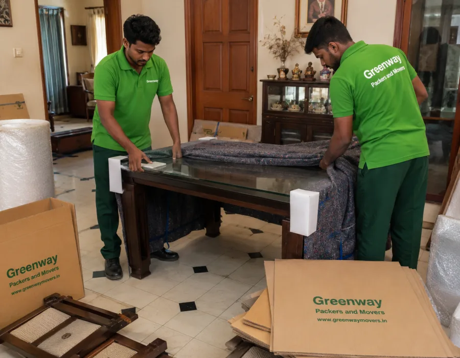 Greenway staff carefully wrapping household furniture with protective blankets before loading