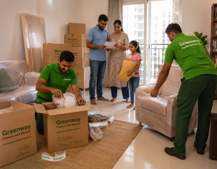 Greenway team unpacking and arranging household items at a new home during relocation