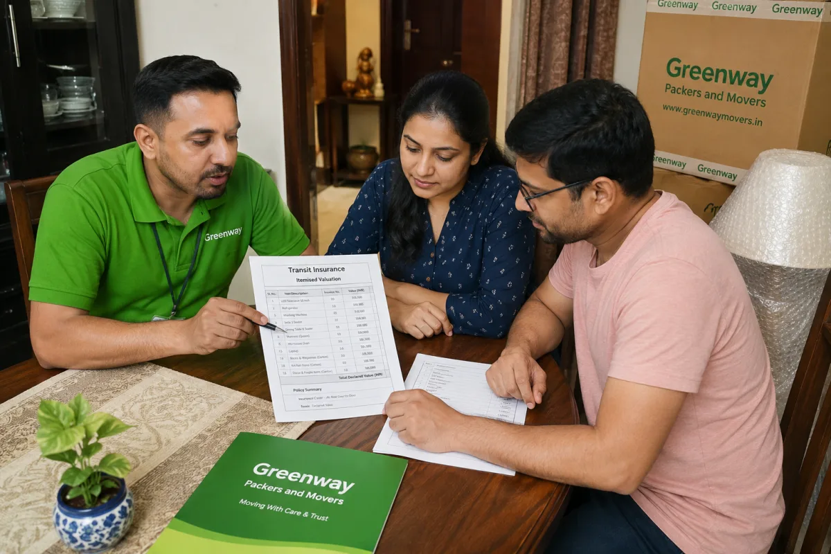 Greenway Packers and Movers representative explaining goods transit insurance coverage to a customer