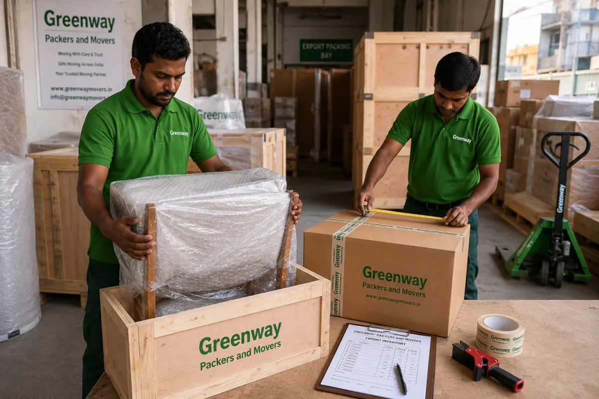 Greenway Packers and Movers preparing crates for international relocation and overseas shipping from India